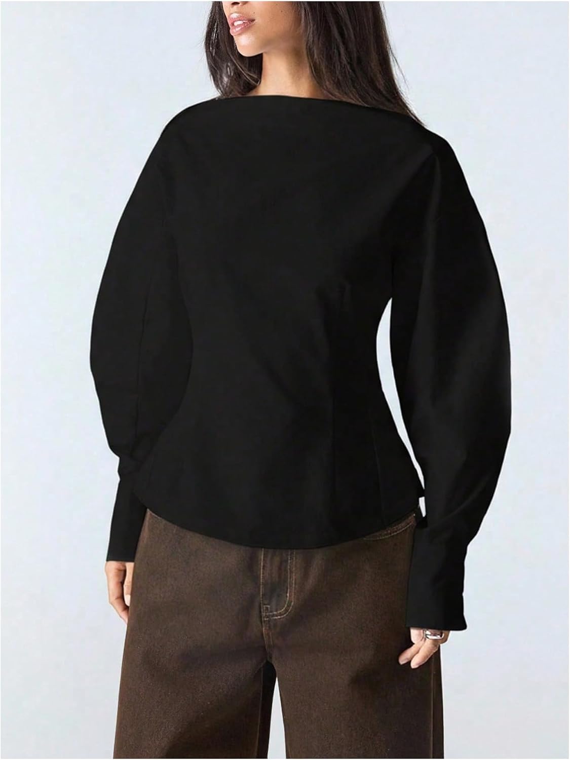 SHENHE Women's Dressy Casual Blouse Puff Long Sleeve Cinched Waist Boat Neck Going Out Fall Top - Image 3