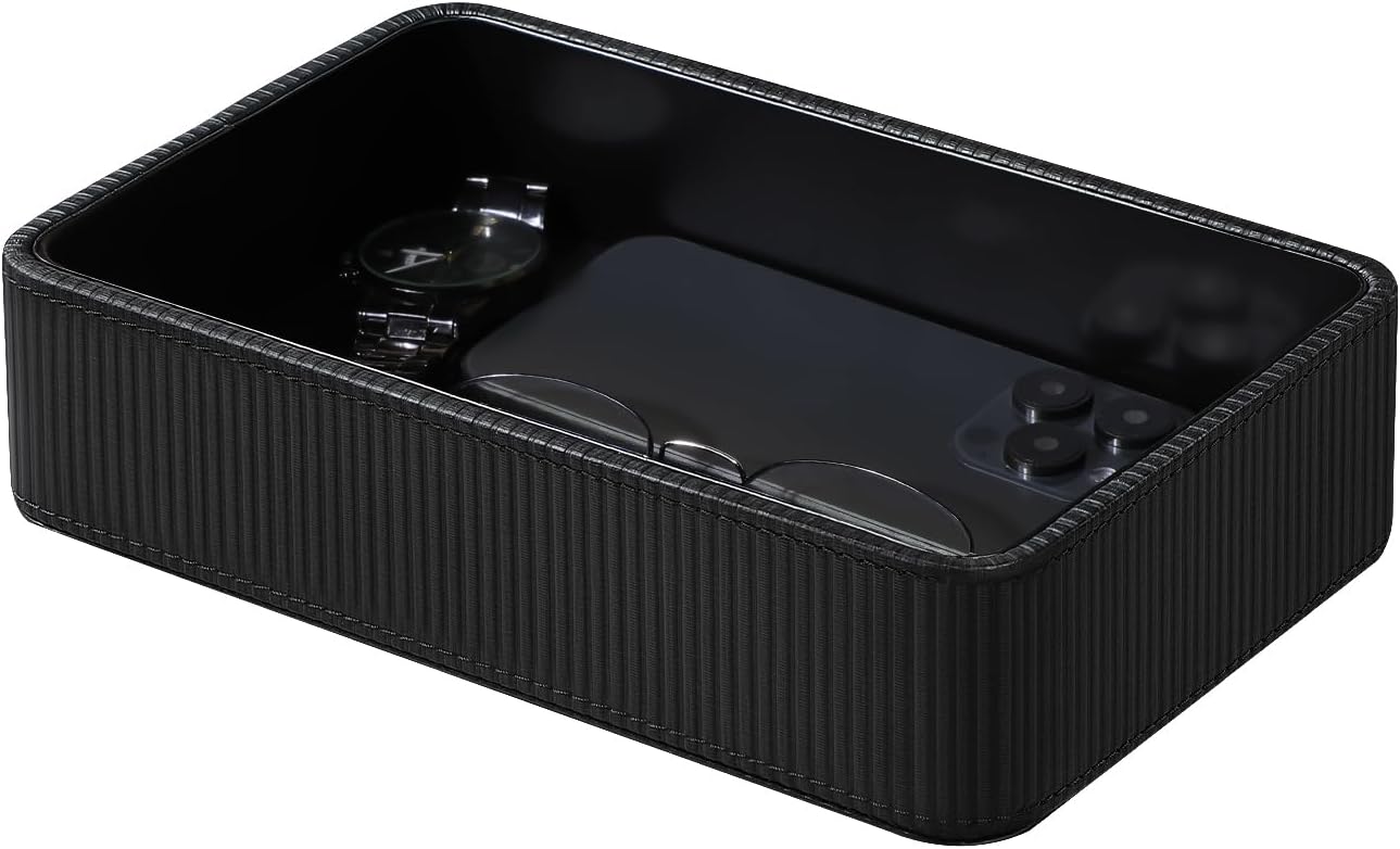 PU Leather Valet Tray Organizer, Modern Desktop Storage Tray for Nightstand Bedside Table, Decorative Perfume Organizer Table Storage for Vanity Dresser Bathroom Bedroom (Black, Rectangular)