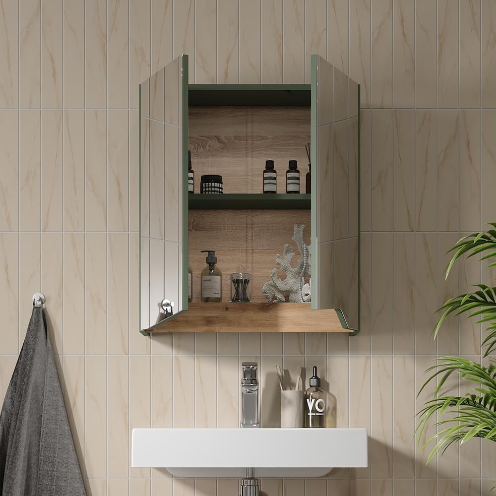 Vicco Armario con Espejo para baño Marelle, Verde/Artesano, 60 x 67 cm