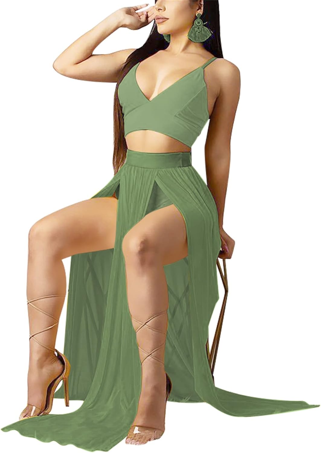 Women Sexy 2 Piece Outfits Dress Chiffon Strap Deep V Neck Bra Crop Top High Split Maxi Dresses Skirt Set Swimwear Cover Ups Light Green Large - Image 4