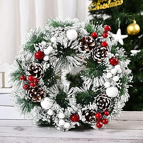 Christmas Wreath for Front Door Snowflake Snow Ball Pinecone Ornaments Wreath for Winter Holiday Christmas Party Decorations Cover