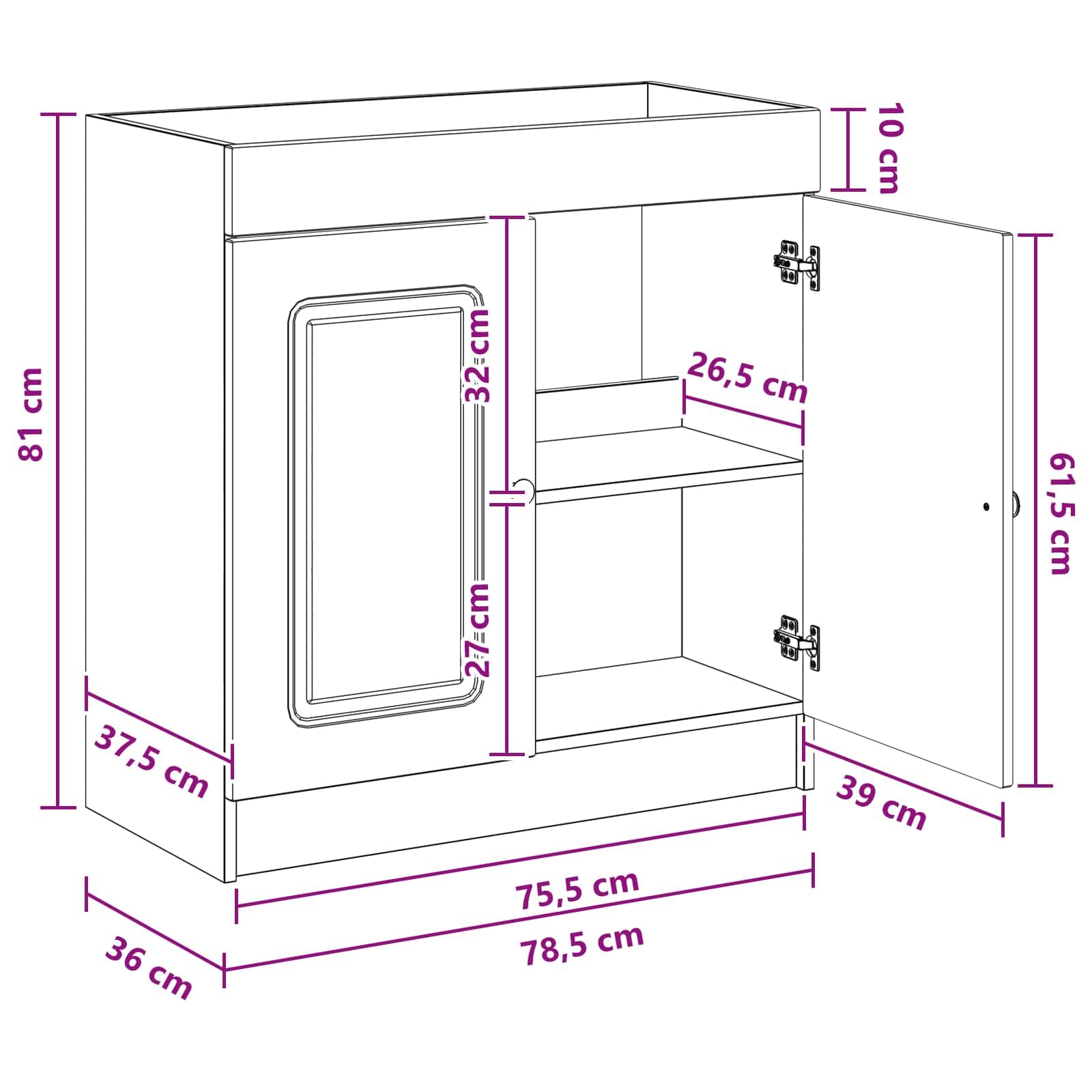 Mueble bajo lavabo 78,5 x 37,5 x 81 cm roble ahumado | Práctico mueble de baño de madera con dos puertas batientes y elegantes botones de metal negro.