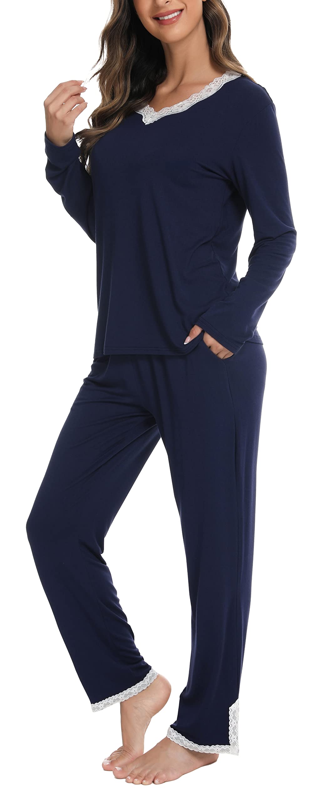 Lovasy Pigiama Donna Manica Lunga Pantaloni Lunghi Casual Scollo a V Top con Motivo a Pois Carino con Tasca Due Pezzi