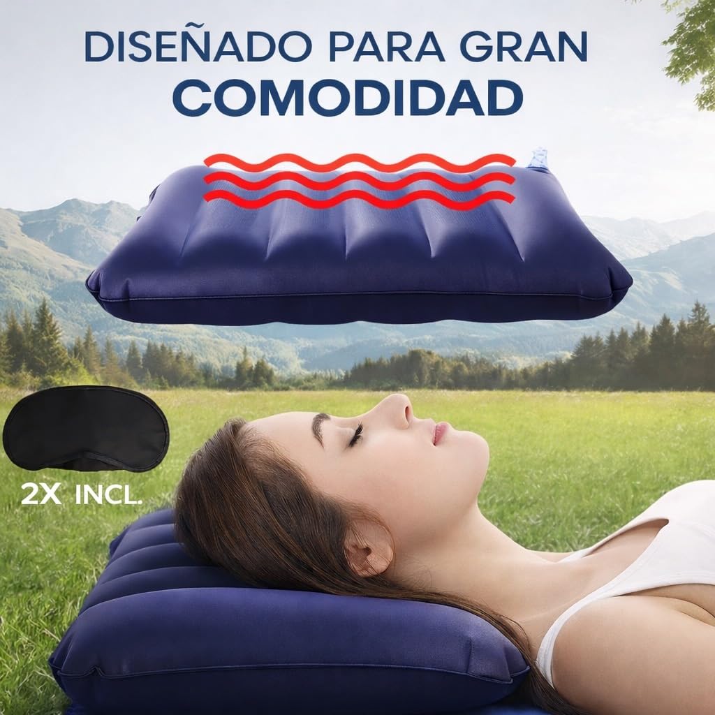 2 Kit Almohada Hinchable Camping Flocada - Cojin Inflable Playa para Cabeza Impermeable - Almohada Piscina y Playa Soporte Hinchable Viaje para Acampar - Almohadilla Senderismo Acampada Ultraligera