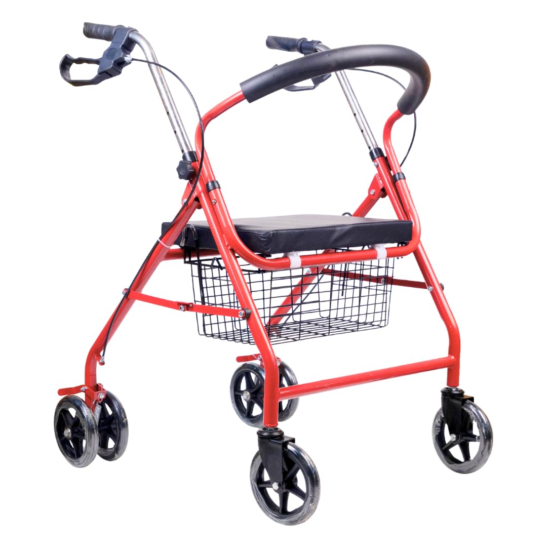 AASRAA RED ROVER ROLLATOR | Height Adjustable Mobility Walker with Seat, Dual Brakes, Basket, Padded Backrest, Foldable Frame, Sturdy 6" PVC Wheels for Indoor & Outdoor Use (Red) | 1 Year Warranty | Lifetime Spare Support-picture-13