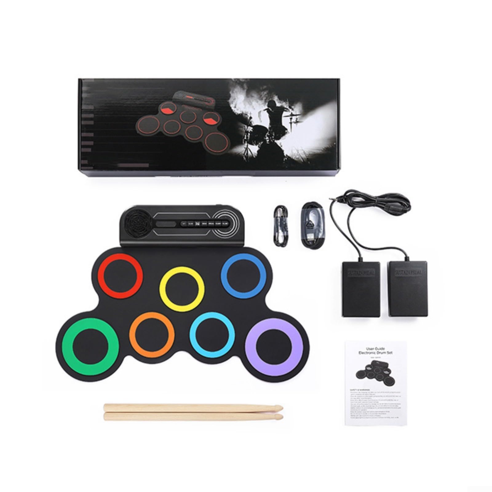 Tragbares elektrisches Schlagzeug-Set mit integriertem Lautsprecher, Silikon-Aufroll-Übungsset für Kinder, Jungen, Mädchen, Zuhause, Reisen, bunt, 43 cm (bunt)