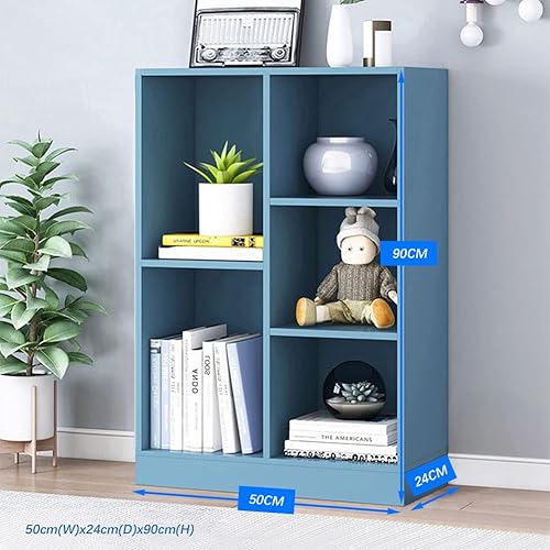 Miniatura 6 de IOTXY Estantería baja con estante abierto, organizador de madera de 3 niveles con base, estantería horizontal corta de 5 cubos en azul brillante