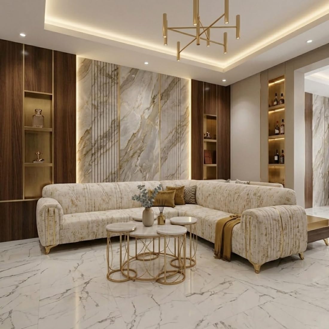 Modern 7-Seater L-Shaped Sectional Sofa l Textured Cream & Gold Fabric l Large Corner Couch with Ergonomic Deep Seating l Designer Marble-Inspired Patterns l and Reinforced Golden Ss Legs.-image-25