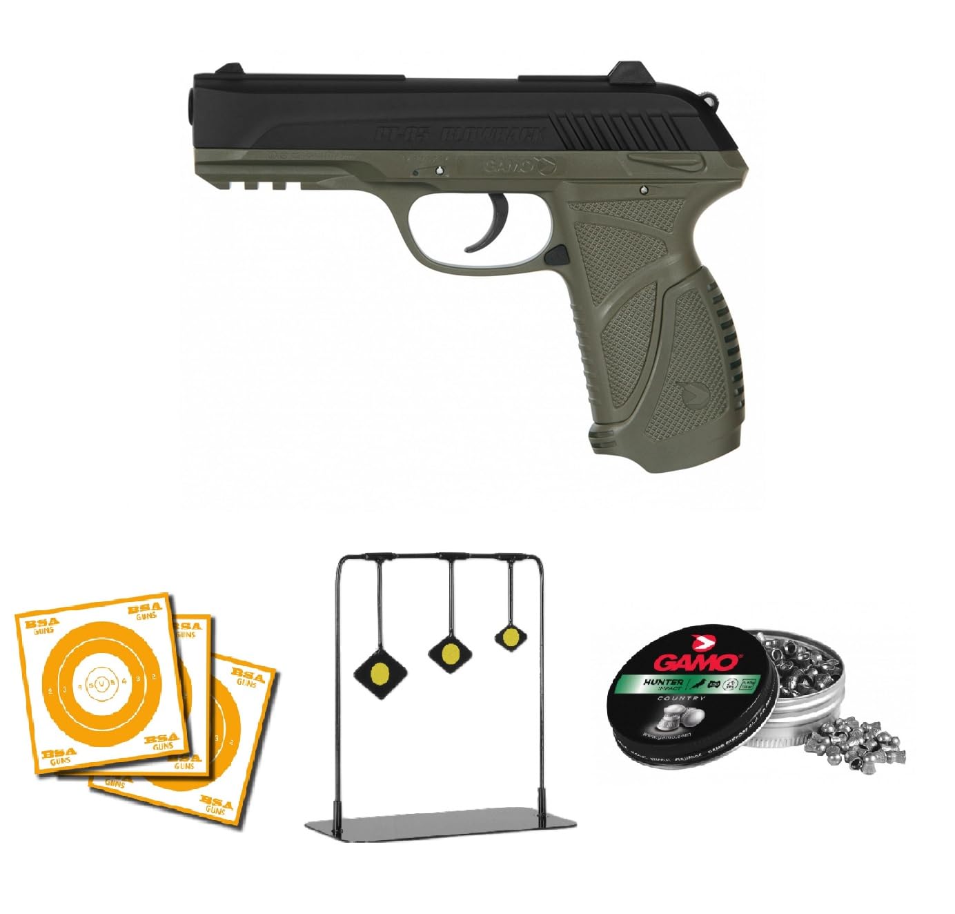 Pack Gamo PT-85 4,5mm Blowback Olive Drab + Lata de perdigones Hunter (250ud) + 50 Dianas de Papel BSA + Three Diamond Target BSA
