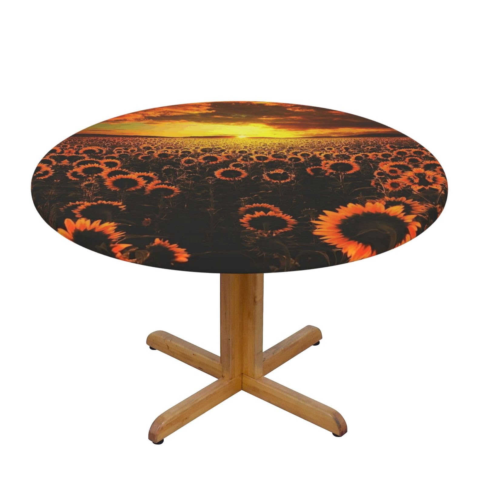 ESNAIUVCD Sunflower Field Sunset Sea of Flowers print Waterproof Round Tablecloth,Outdoor Table Cloth with Elastic Edged, Elastic Tablecloth Wipeable, Garden Table Cloth Suitable for sizes 90cm-140cm