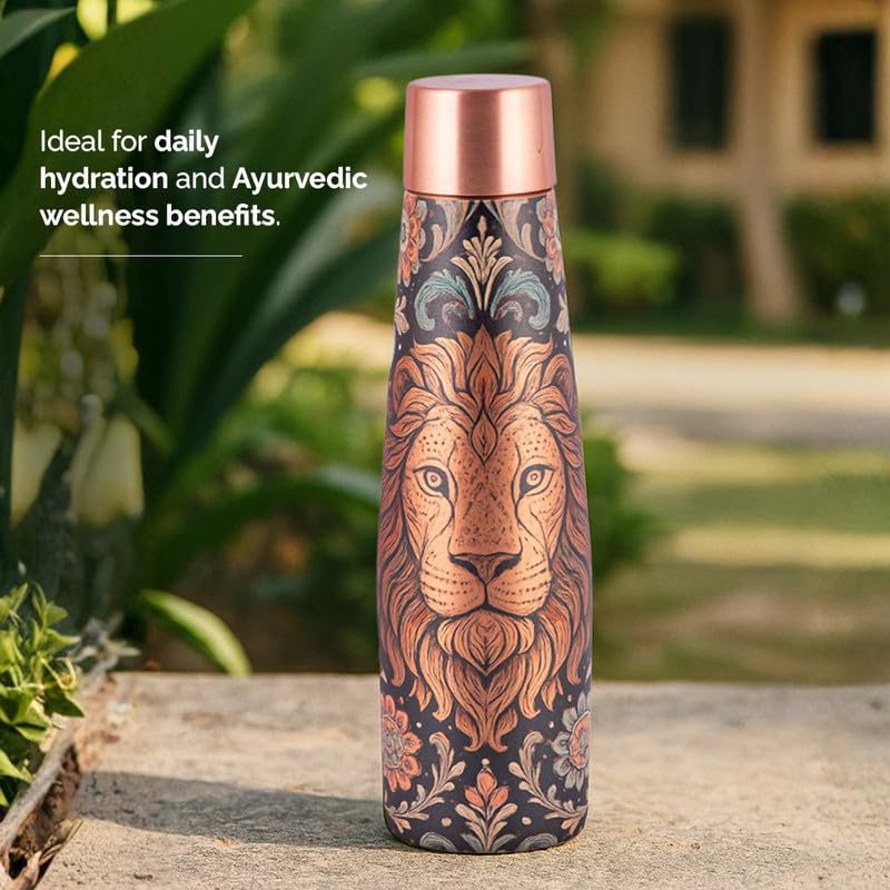 Image of Copper Bottle | Lion Motif | UV Printed Design | Pure Copper Water Bottle for Health & Wellness | 900 ml Capacity