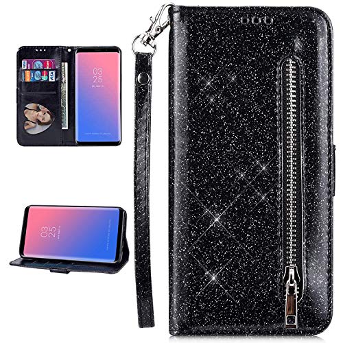 Urhause Compatible with Samsung Galaxy A20S Case PU Leather Wallet Cover with Card Slots Sparkle Bling Glitter Cover with Zipper Wallet Kickstand Magnetic Closure Shockproof Case Folio Flip Case Black
