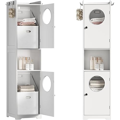 Laundry Hamper Cabinet, 70" Tall Bathroom Storage Cabinet with 2 Laundry Baskets, Hidden Laundry Hamper with 2 Doors and Double Clothes-Toss Round Holes for Bathroom, White WT170XY01S