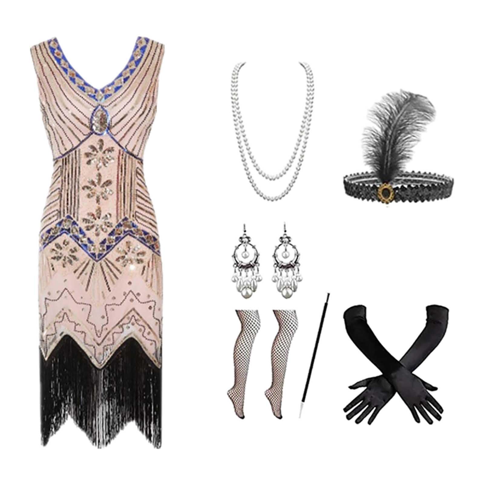Halloween Costume Female 1920S Gowns Dresses Heavy Beaded Sequins Fringe Dresses Fancy Dress Costumes Women's with 20s Dress Accessories Carnival Costume Women (M) Pink