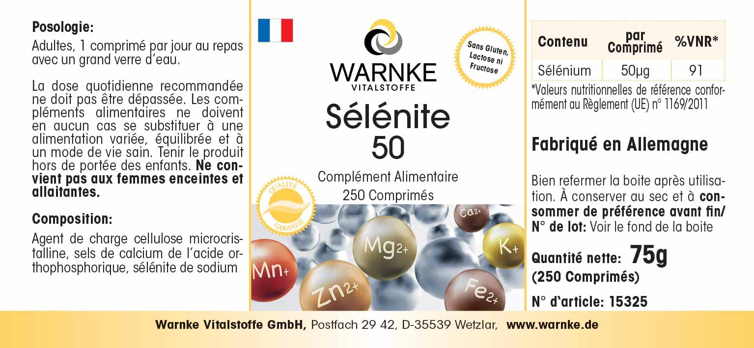 Selenio 50 mcg integratore di sodio - Ottenuto da selenio - Sostanza pura - 250 compresse | Warnke Vitalstoffe - Qualità da farmacia tedesca