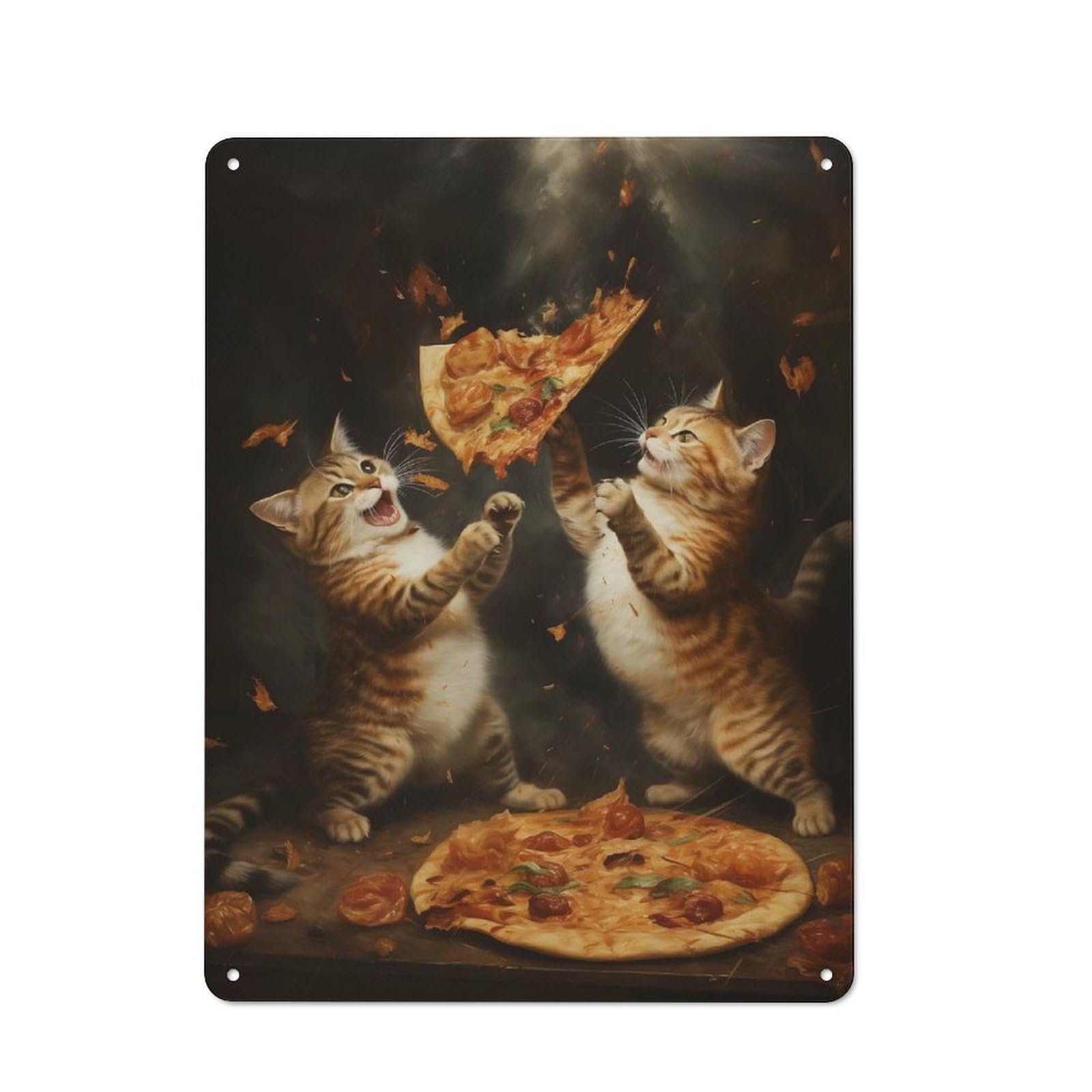 Junmoney Pizza Cat Food Fight Retro Decorative Tin Plaque 40X30cm Featuring Novelty Wall Art For Bedroom, Kitchen, Office Or Living Room