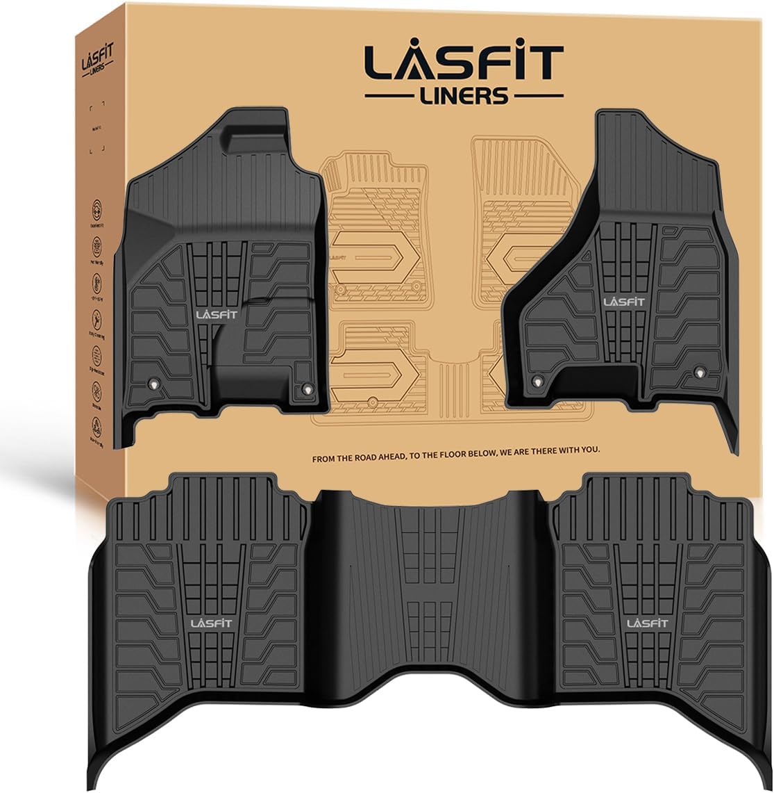 LASFIT Floor Mats 2013-2018 for Dodge Ram 1500/2500/3500 Crew Cab, 2019-2024 for Dodge Ram 1500 Classic Crew Cab 4 Full Size Doors All Weather TPE Custom Fit Car Mats Floor Liners 1st & 2nd Row, Black 1500/2500/3500 2013-2018 Floor Mats