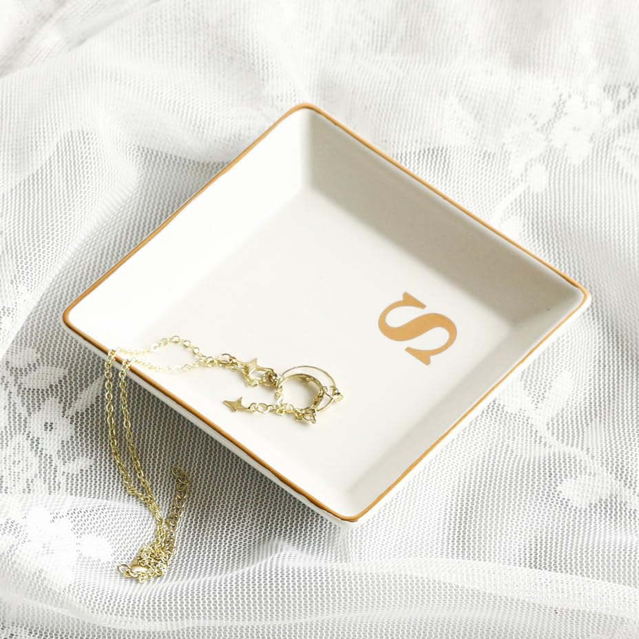 COLLECTIVE HOME - Ceramic Jewelry Tray, Monogram Decorative Trinket Dish for Rings Earrings Necklaces Bracelet Watch Keys, Birthday Mother's Day Christmas Gift for Women, 4" x 4" (S)