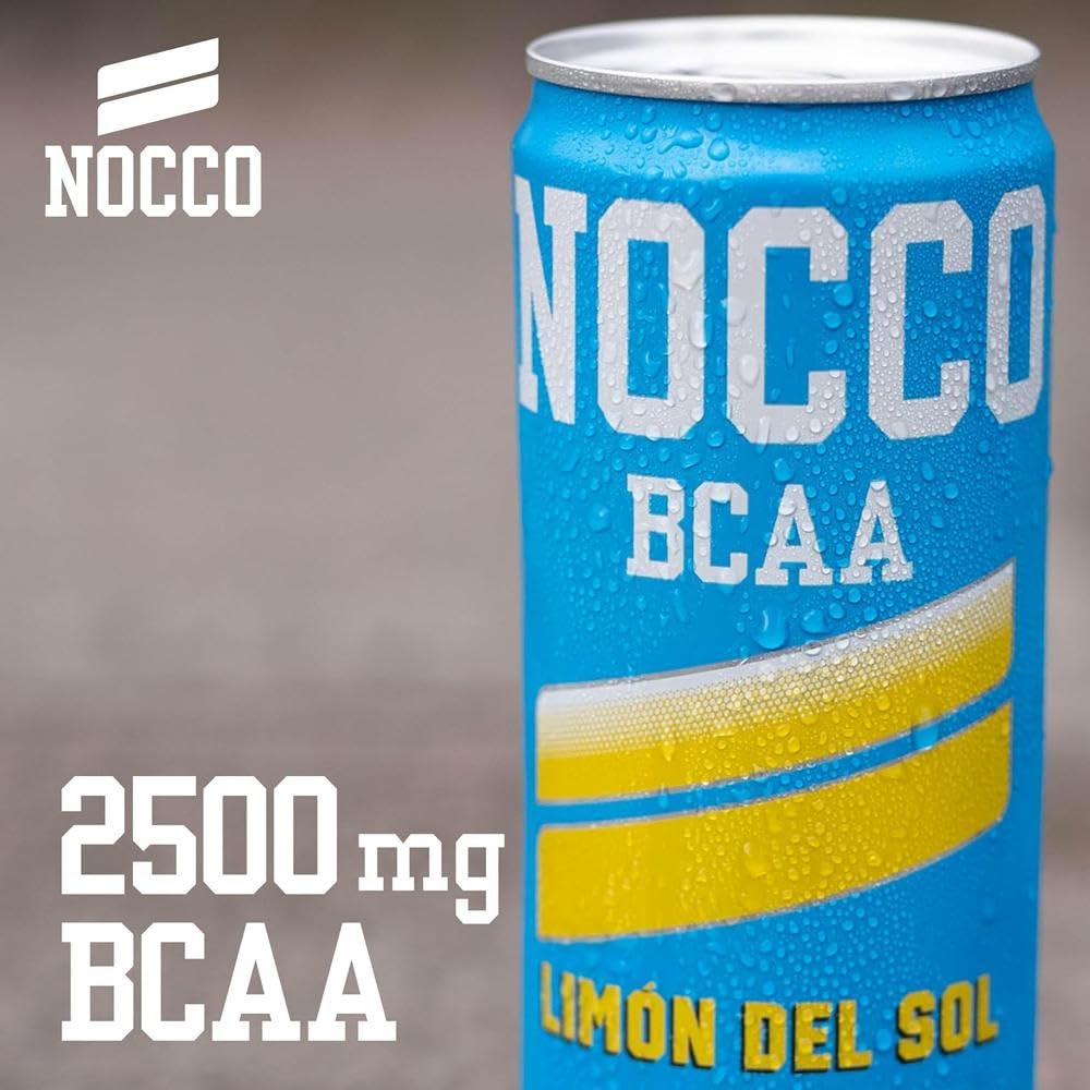 NOCCO BCAA energy drink 24er pack – zuckerfrei, vegan Energy Getränk mit Koffein, Vitaminen und Aminosäuren – Zitronengeschmack, 24 x 330ml inkl. Pfand (Limon Del Sol)