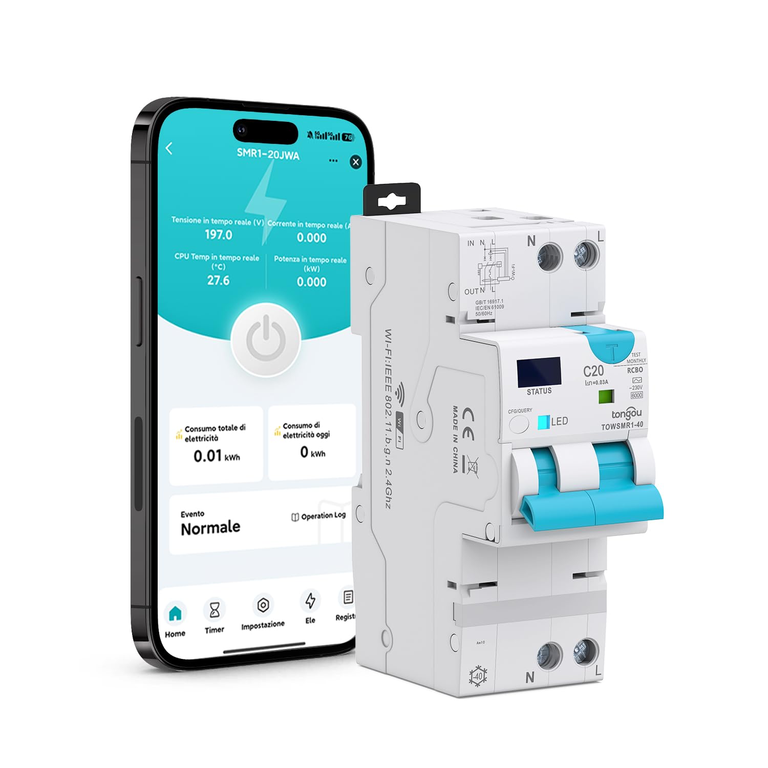TONGOU Interruptor diferencial Superinmunizado WIFI/TUYA App， Auto Rearmable Disyuntor 1P+N，Rearme Automatico con Sobrecorriente y Fugas 1-20 A, 30-100 mA ，Clase AC 6Ka Carril Din RCBO 2025