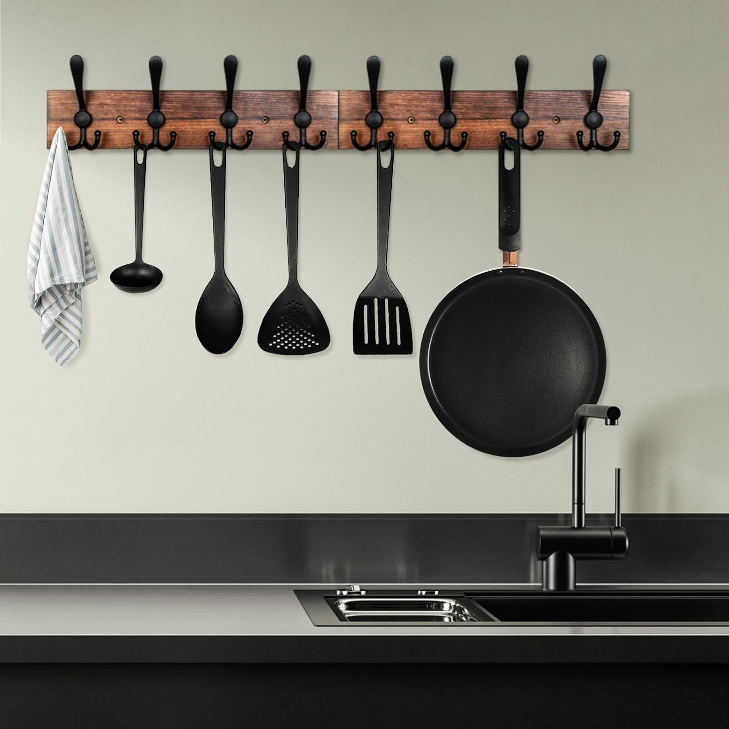 IBosins Wall Mounted Coat Rack, 31-2/5'' Long, Entryway Hanging Rack, Metal Wood Coat Hooks Rack with 8 Black Rustic Tri-Hooks Rail for Coat, Bag, Towel, Key, Hat, Umbrella - Image 6