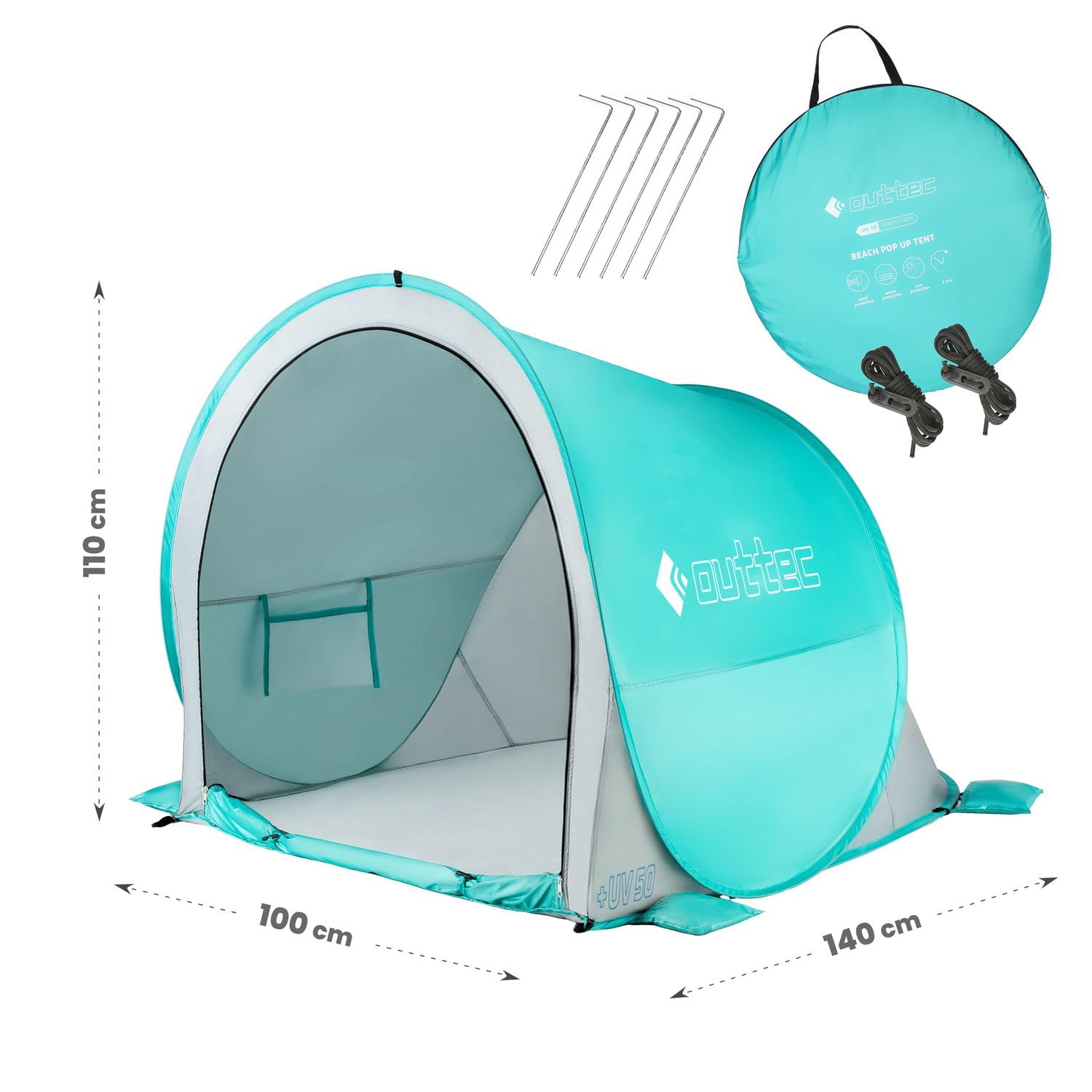 Tente de Plage Bébé Pop-Up Anti-UV 50+ Outtec, avec Poches à Sable et Sac de Transport, Idéale pour Famille, Camping, Jardin, Turquoise