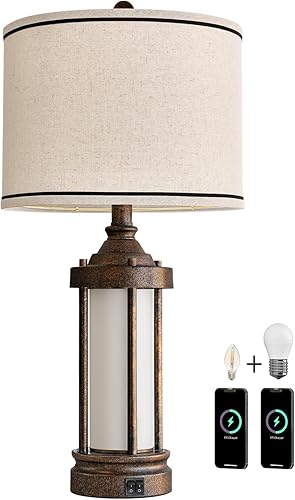 Miniatura 9 de Lámpara de mesa de 25 pulgadas para sala de estar, dormitorio, lámparas de metal con 2 puertos USB, luz nocturna de vidrio esmerilado integrada,