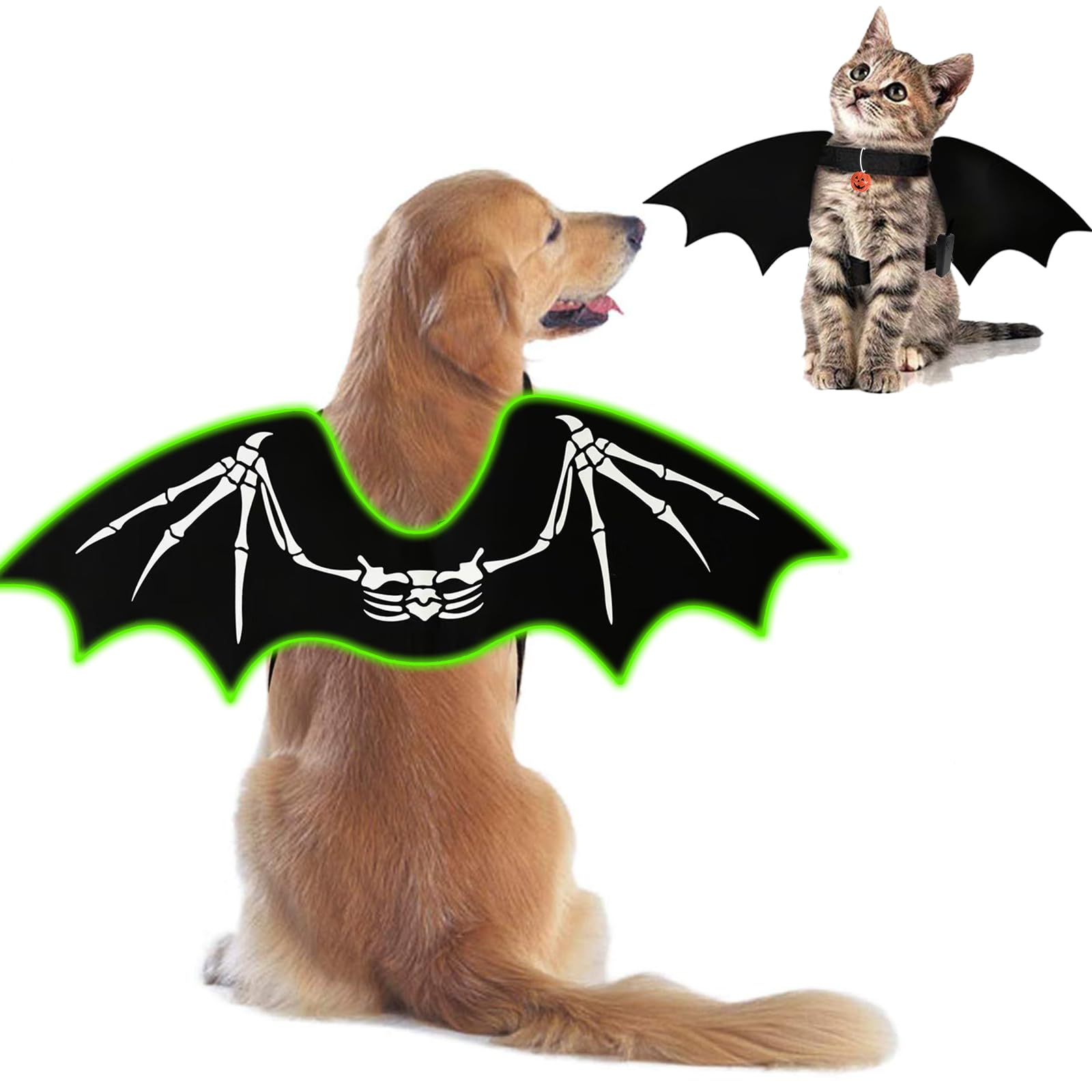 Dog Halloween Bat Costumes, Dog Cat Glow in the Dark Skeleton Bat Wings with Pumpkin Bell