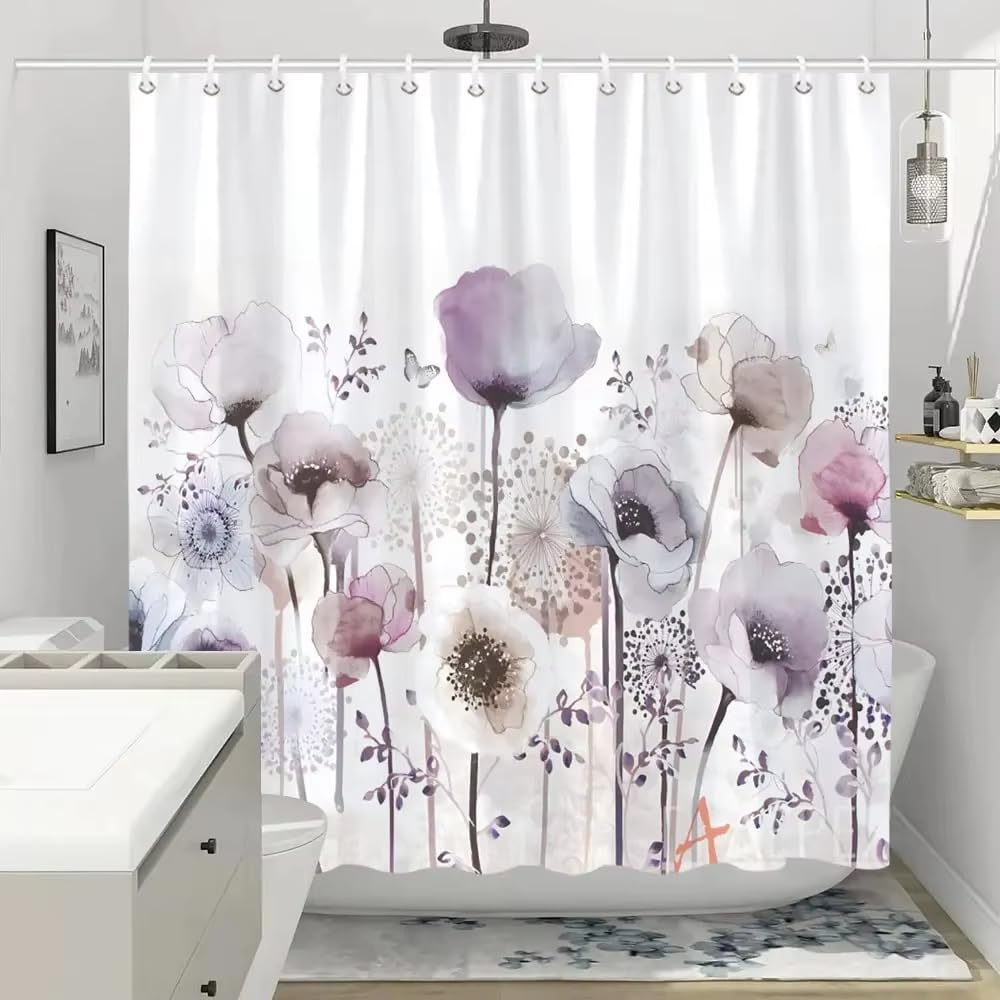 Rideau de Douche à Fleurs colorées pour Salle de Bain, Motif Floral Rose Romantique, Plantes et Paysage Naturel, avec Crochet (244 x 200 cm/L x H)