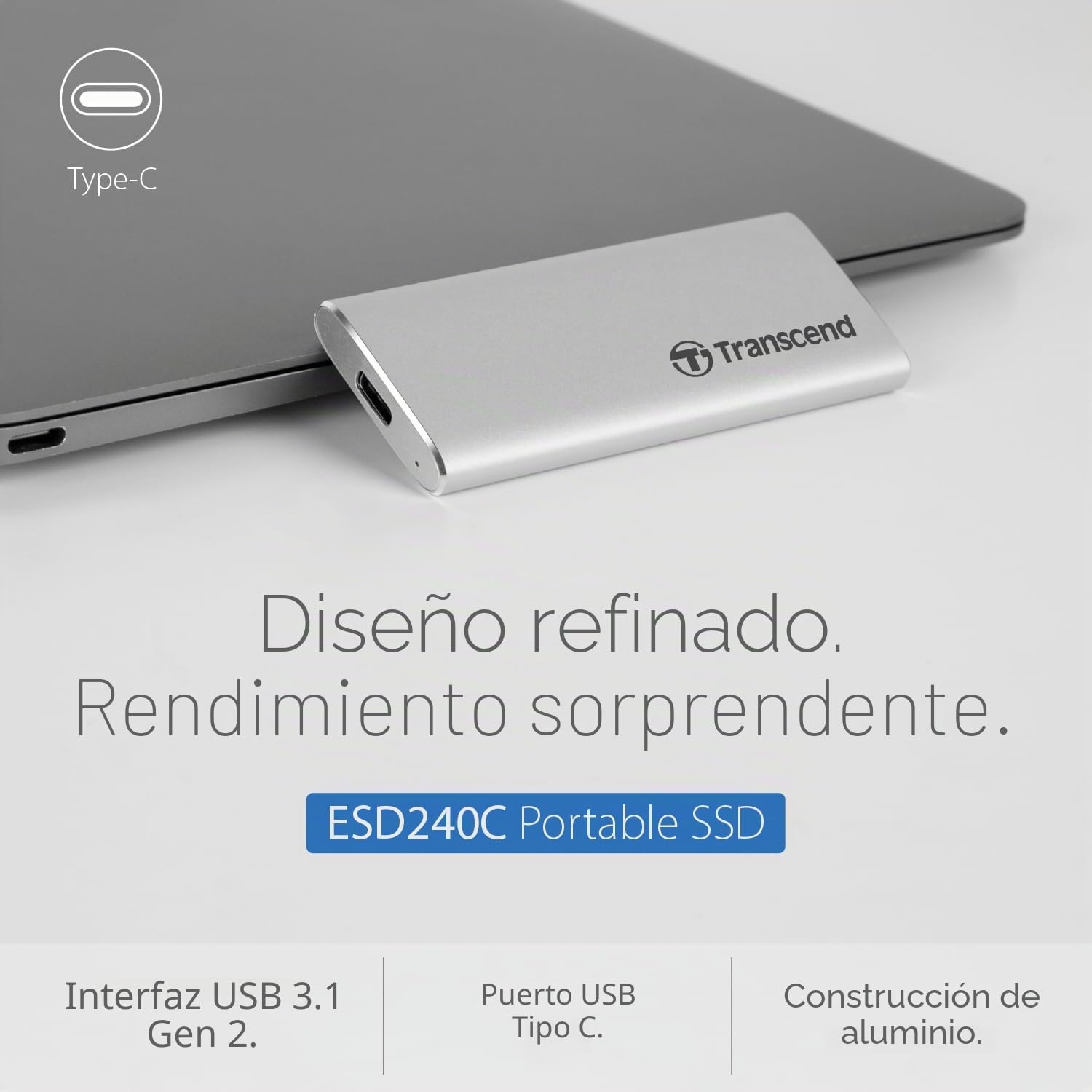 Transcend ESD240C - Disco Sólido Externo de 240 GB, USB 3.1 Gen 2 Tipo C (Lectura hasta 520MB/s)