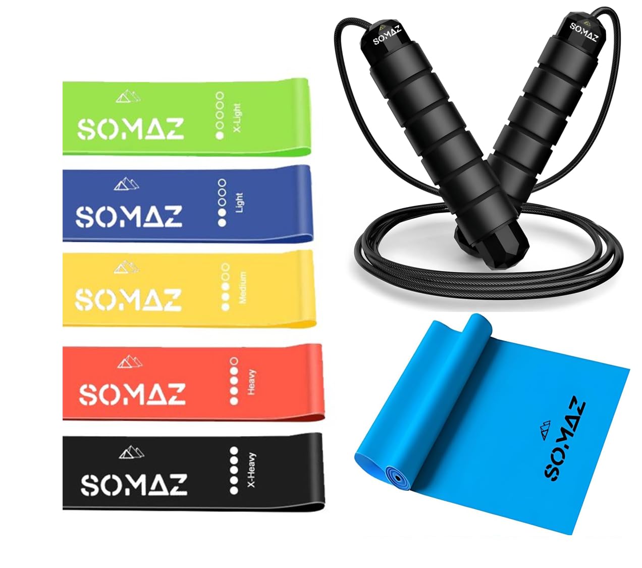 7-Piece Professional Resistance Loop Bands Set – 5 Latex Exercise Bands & Long Stretch Band & Jump Rope – Fitness, Therapy & Home Workout Kit