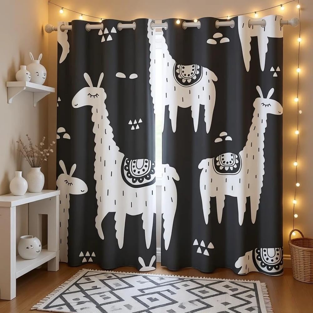Loussiesd Llama Alpaca Curtains Cute Llama Window Curtains for Bedroom Living Room 3D Animal Theme Windows Drapes South American Animals Print Black White Design Window Treatments,W46*L72 — image 1