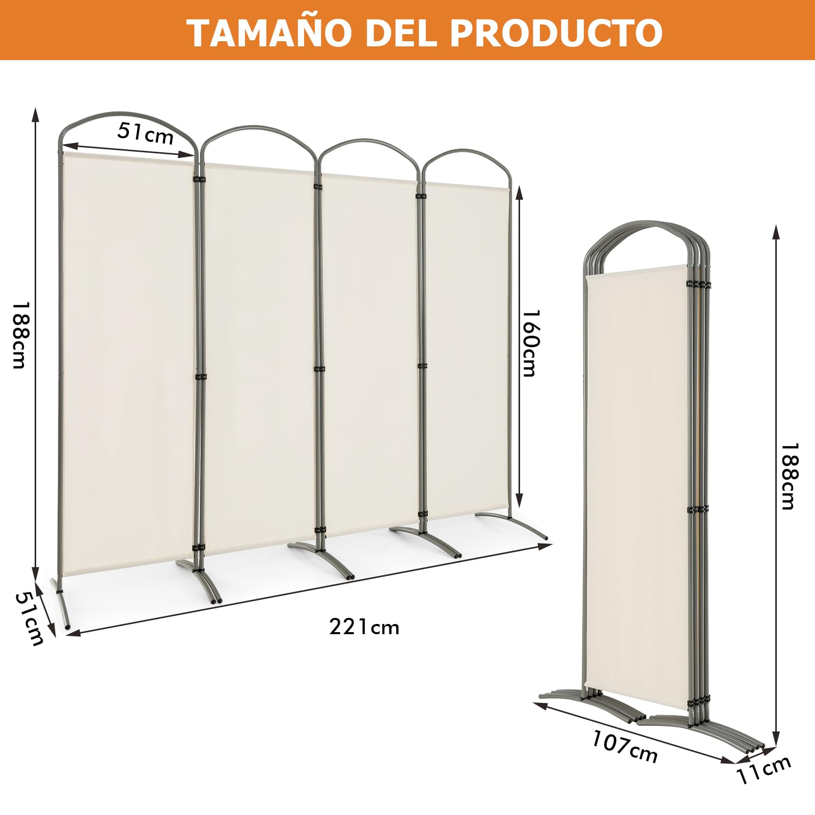GOPLUS Biombo Separador de Ambientes de 6/4 Paneles, Biombo Plegable para Privacidad con Marco de Metal, Divisor de Habitación Portátil para Salón Dormitorio Oficina (Blanco, 4 Paneles, 221 x 188 CM)