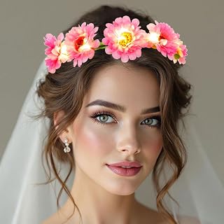Light Up Flower Hair Wreath LED Sunflower Headband Sparkly Festival Party Headdress Wedding Bridal Hair Accessories for Women (Pink)