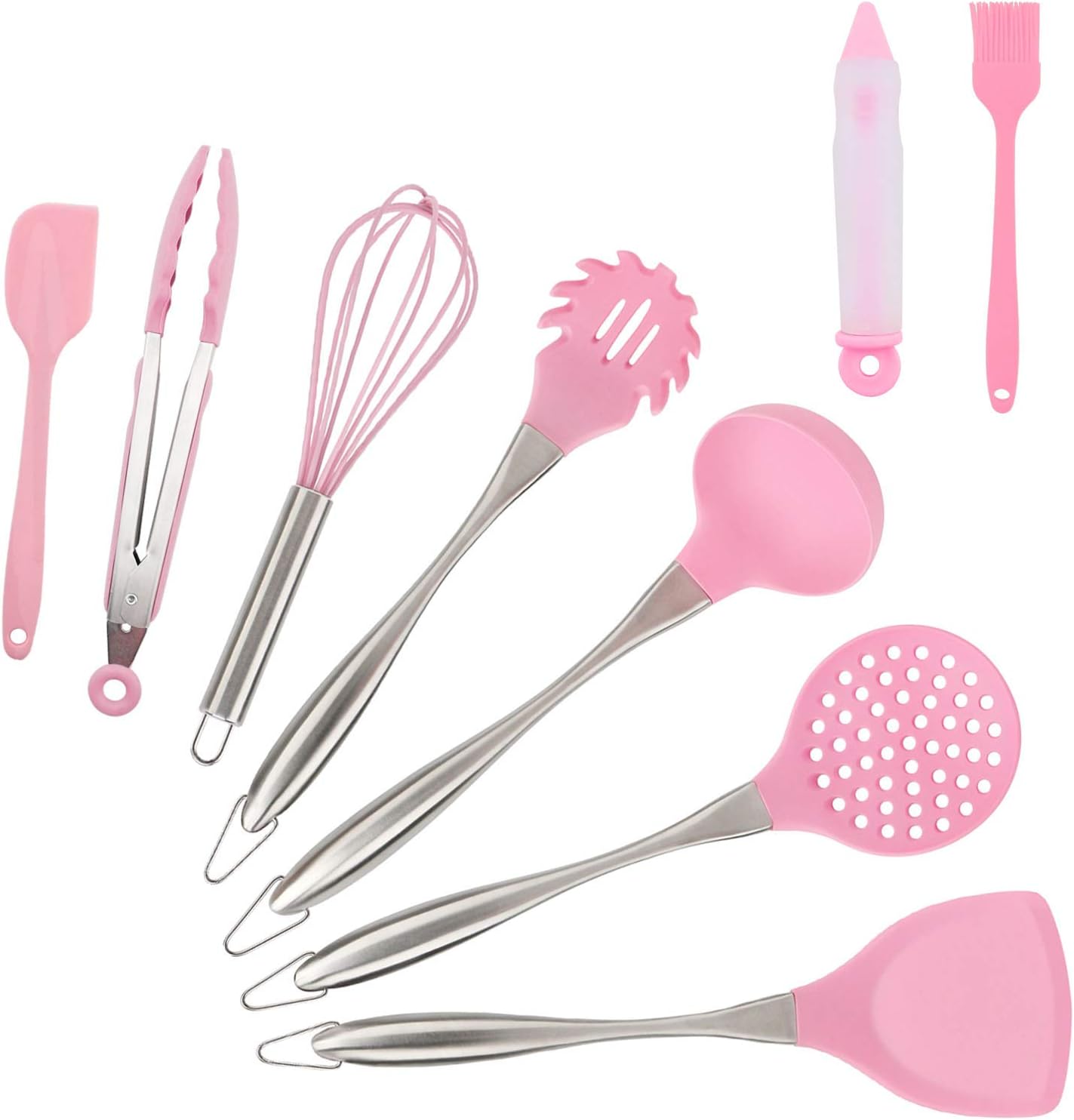 Kitchen Utensil Set, NiceCode 9 Piece Cooking Utensils Silicone and Stainless Steel Kitchen Gadgets Cooking Tool Non Stick Cookware Pink