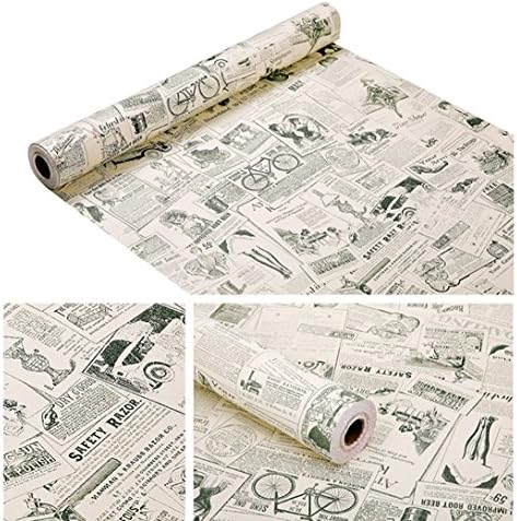 Vintage Newspaper Vinyl Contact Paper Wallpaper Self Adhesive Cabinet Shelf Drawer Liner for Kitchen Bathroom Backsplash Countertop Cupboard Table Desk Wall Decor (17.7 x 117 Inches,Smooth)