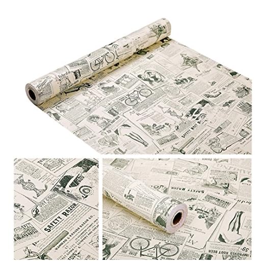 Vintage Newspaper Vinyl Contact Paper Wallpaper Self Adhesive Cabinet Shelf Drawer Liner for Kitchen Bathroom Backsplash Countertop Cupboard Table Desk Wall Decor (17.7 x 117 Inches,Smooth)