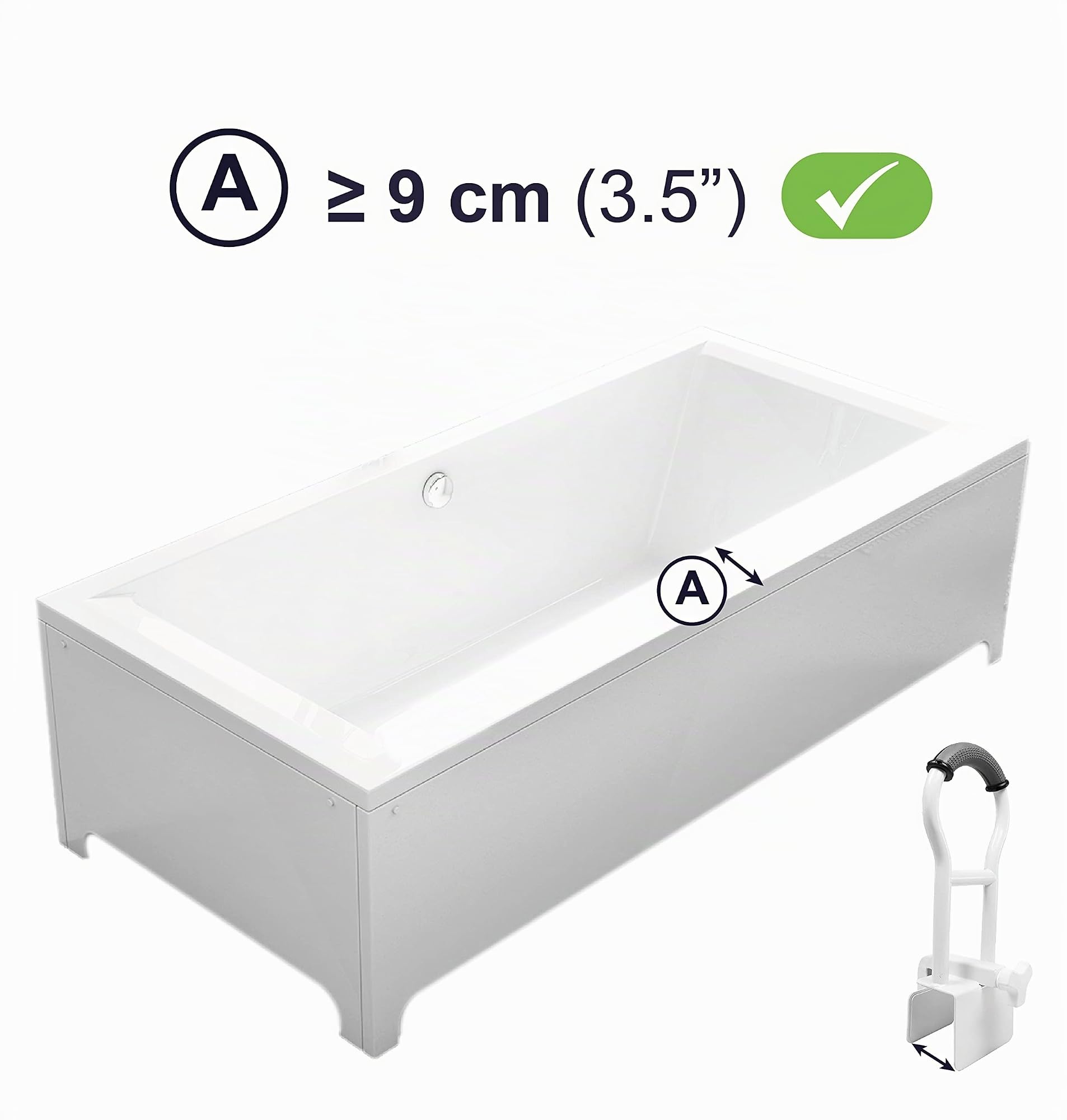 KMINA Barre d’Appui Baignoire Senior Rembourrée (Bord Lisse jusqu’à 9 cm), Poignée Sécurité, Sans Percage, Antidérapante, Gris - Fabriqué en Europe