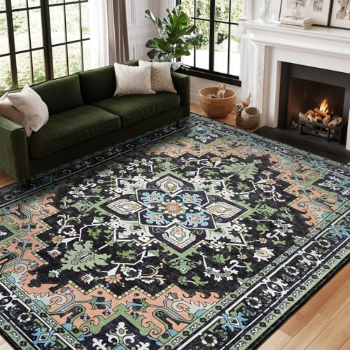 Lofus 6x9 Washable Area Rugs, Large Area Rug for Living Room, Bedroom, Office, Dining Room, Non-Slip Vintage Boho Rug, Low-Pile Soft Carpet, Traditional Oriental Style, Dark Green