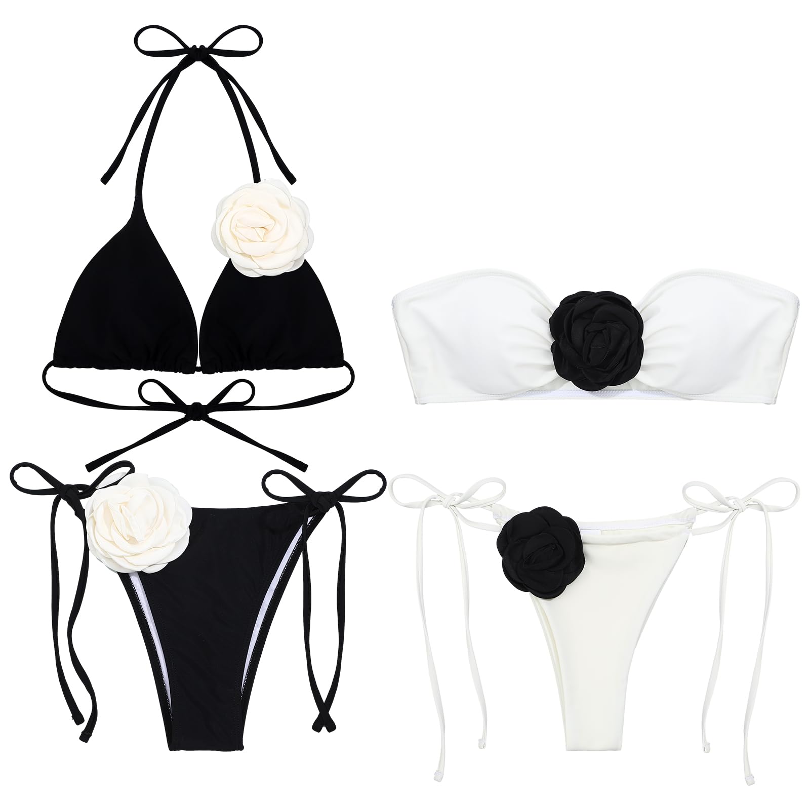 Photo 1 of Cutecrop 2 Sets 3D Rose Flower Women's Bikini Set Included Bandeau and Floral Appliques Tie Backless Halter Triangle Swimsuit 3 PACK