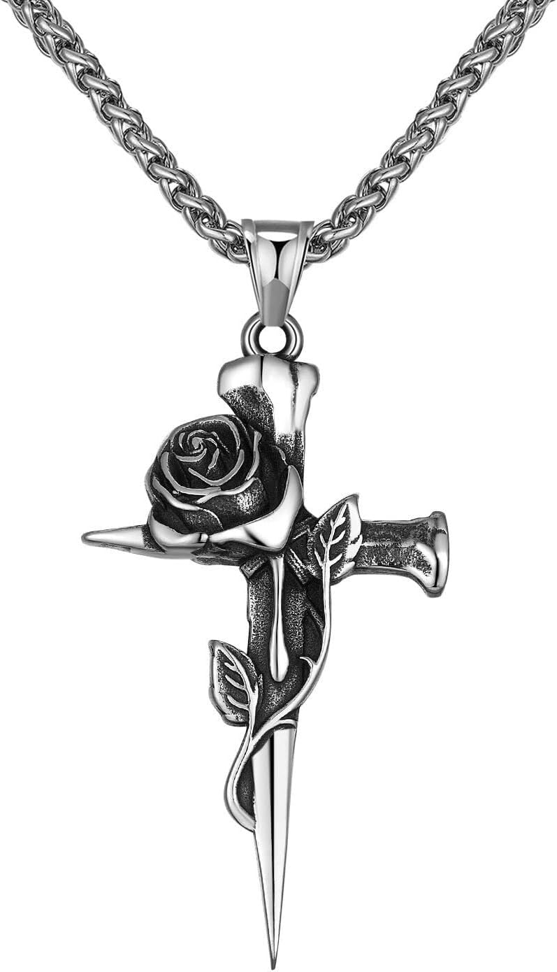 Hip Hop Stainless Steel Rose Cross Pendant Vine Flower Cross Necklace Religious for Men Women, 24 inch Chain