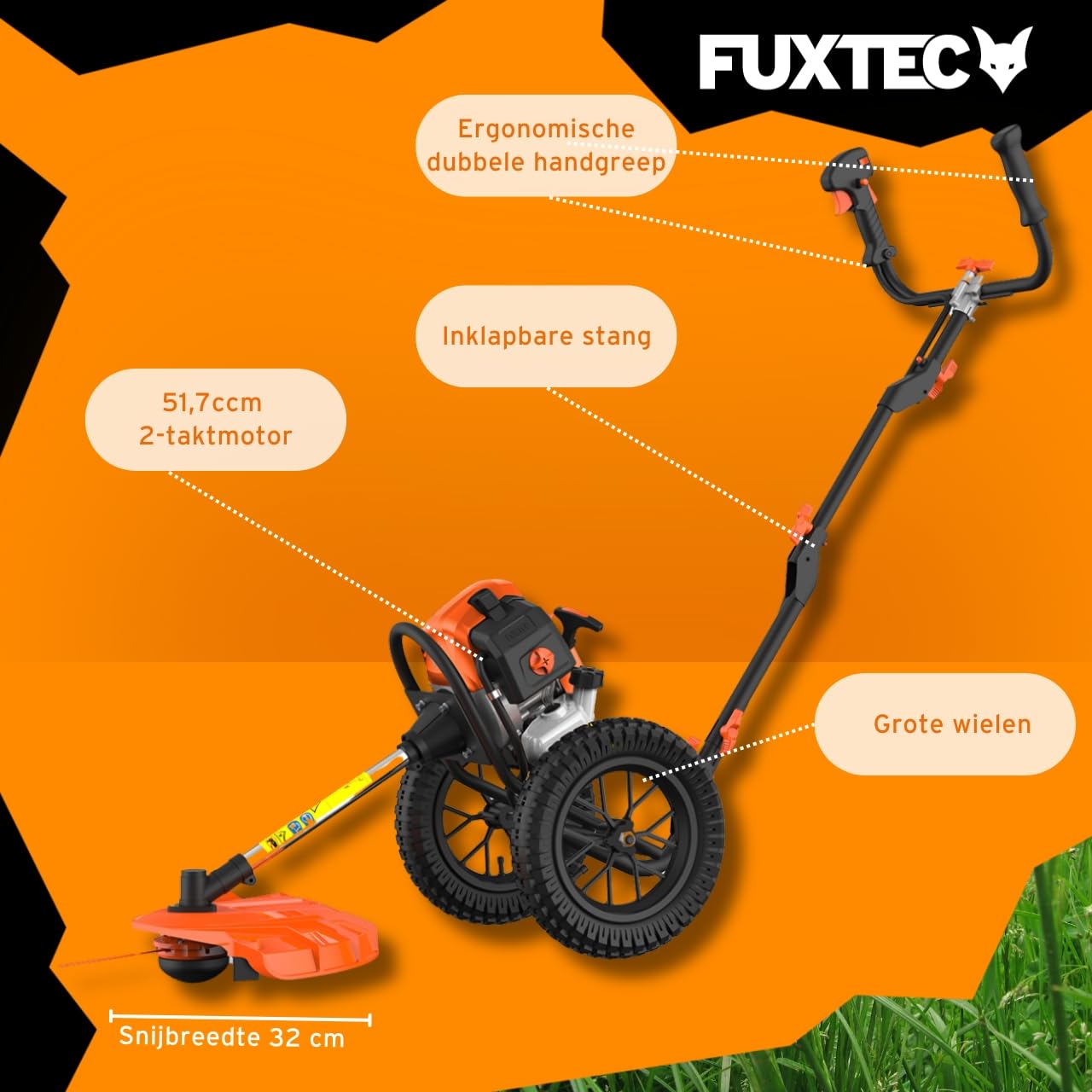 FUXTEC Desbrozadora con Ruedas de Gasolina FX-FSR152 de 52cc y con 3 CV - diseñada para Grandes Superficies y para su Espalda. Recortadora Trimmer,Motor de Gasolina de 2 Tiempos