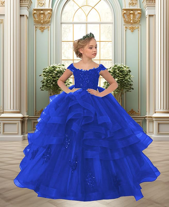 Girl's Off Shoulder Flower Girl Dress Appliques Ruffles Kids Pageant Dresses Princess Kids Party Gown4