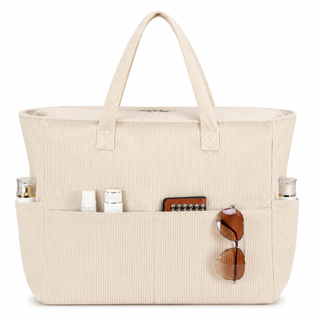 LEDAOU Large Beach Bag for Women, Waterproof Sandproof Tote Bag with Zipper | 36L Pool and Swim bag with Zipper, Wet/Dry pocket and 7 Pockets for Beach Days, Cruises, Vacations and Family travel Beige
