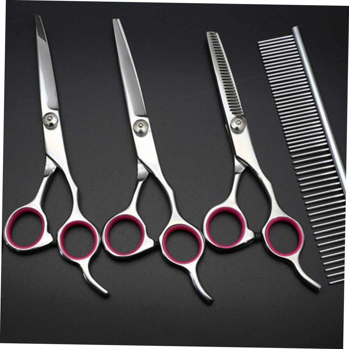 Set Forbici Toelettatura Animali 7 Pollici, 5 Pezzi in Acciaio | Lama Non Smussata, Argento, Include Pettine Dentato e 4 Varianti Curvo, Curvo Giù, Dritto