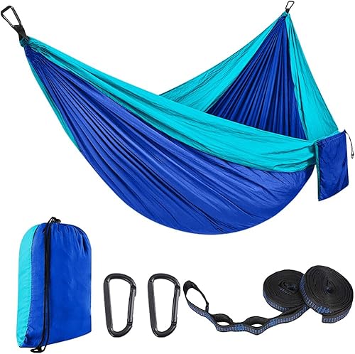 HABP GLOBAL Hamaca de camping  Azul claro y oscuro  Portátil con correas de árbol y bolsa de transporte  Ideal para camping, senderismo, mochileros,