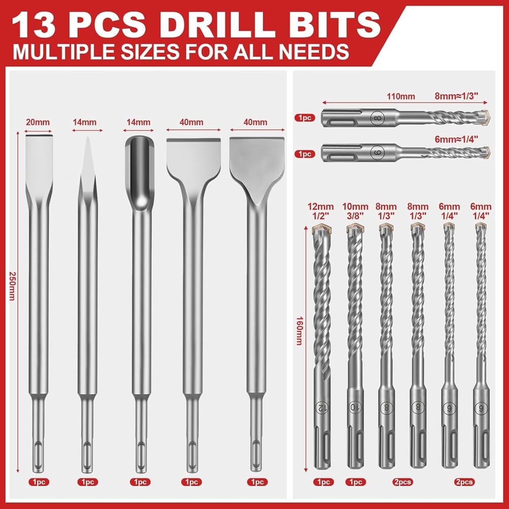 Juego de 13 Brocas y Cinceles para Martillo Perforador SDS Plus, Brocas con Punta de Carburo para Martillo Perforador y Brocas para Hormigón.