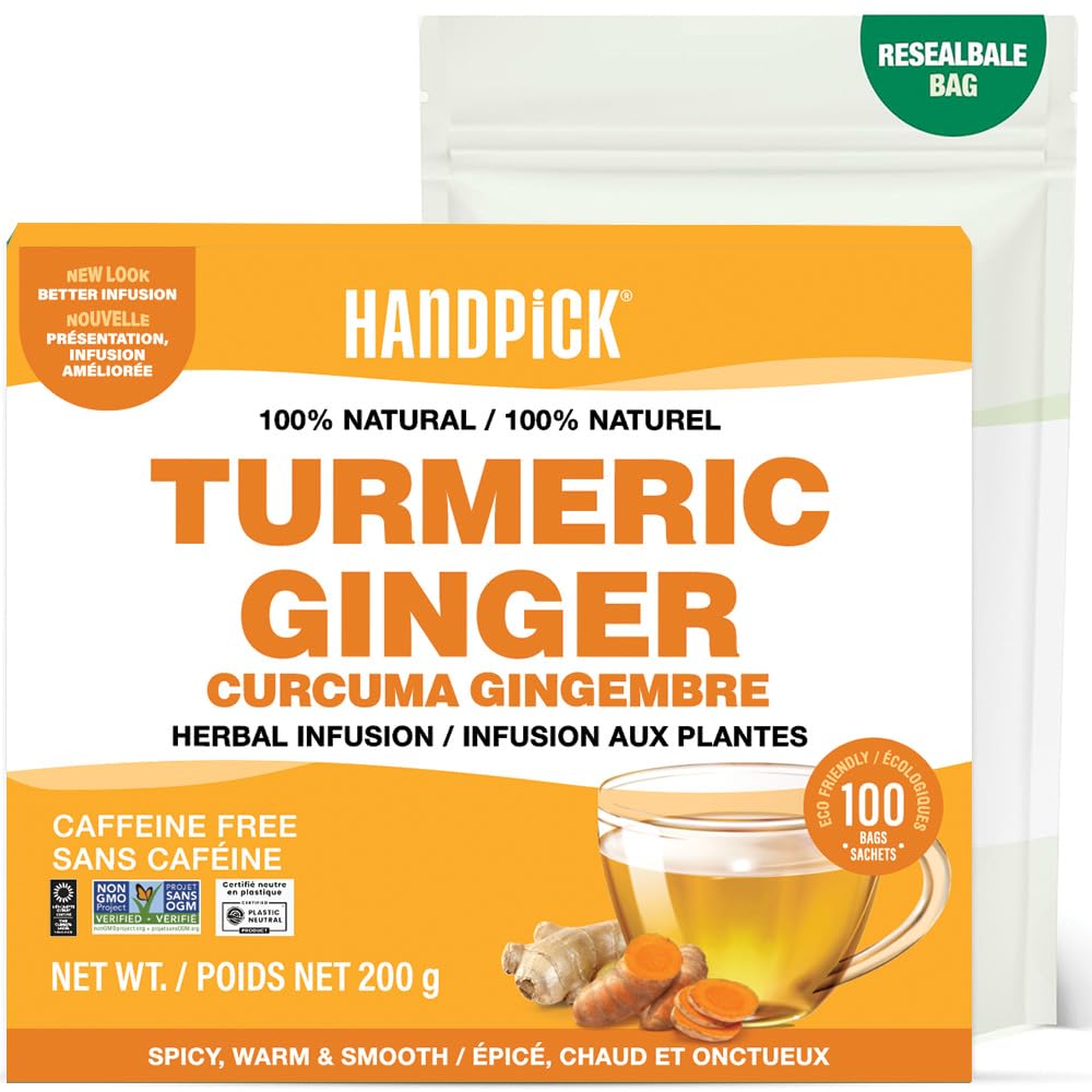 HANDPICK, Turmeric Ginger Tea Bags (100 Herbal Tea Bags) Caffeine Free, Gluten Free | Made from 100% Pure Turmeric & Ginger Root | Curcumin-Rich | Packed in Eco-Friendly Teabag