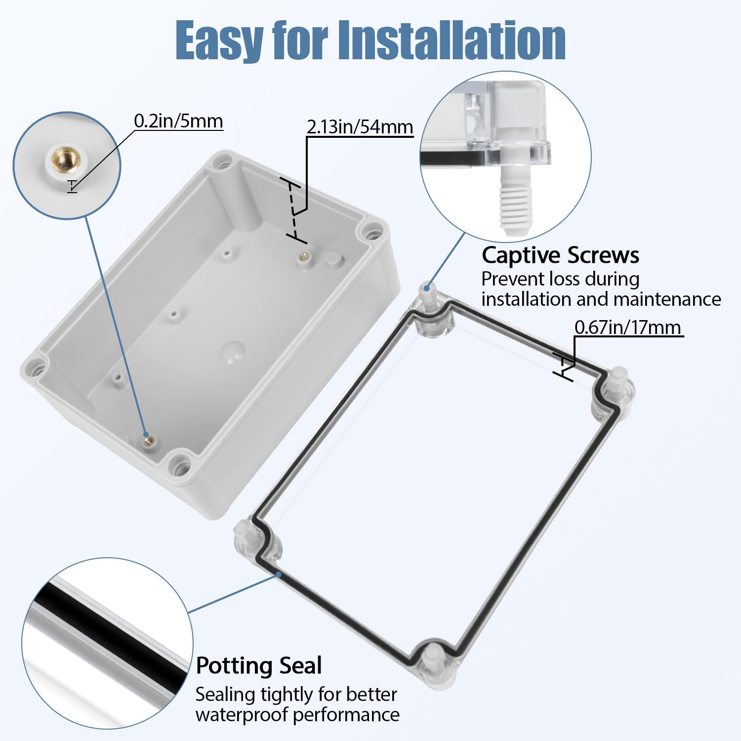 Junction Box IP67 Waterproof Dustproof Electrical Box Project Box DIY Enclosure Gray with Transparent Clear Cover, External Size 6.9x4.9x3.0in (175x125x75mm)