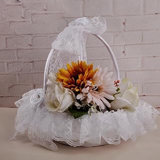 Panier de Mariage Fleurs Fille Panier Romantique Satin Dentelle Arc Lace Pétale Panier Demoiselle d'honneur Panier d'achat Fille de fleur Nuptiale Fleur Panier Cérémonie De Noce , White , 23*22cm